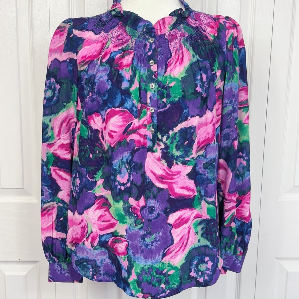 NWT Talbots Pink & Purple Floral Smocked Ruffle Popover Blouse Small